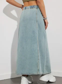 Jupe longue en jean à taille élastiquée avec cordon de serrage pour femme - Jupe longue évasée coupe trapèze décontractée avec poches - Collection printemps 2026