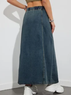Jupe longue en jean à taille élastiquée avec cordon de serrage pour femme - Jupe longue évasée coupe trapèze décontractée avec poches - Collection printemps 2026