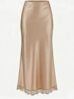 Jupe longue élégante de printemps en satin blanc écru taille naturelle pour femme.
