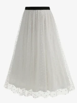 Jupe longue élégante en tulle à motif cœur pour femme - Jupe longue trapèze taille haute en maille vaporeuse - Tenue de soirée printemps-été 2026
