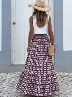 Jupe longue maxi bohème à imprimé géométrique taille haute smockée et volants