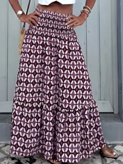 Jupe longue maxi bohème à imprimé géométrique taille haute smockée et volants