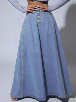 Jupe longue maxi en jean à empiècements taille haute pour femme - Jupe longue évasée bleue style bohème avec boutons - Collection printemps-été 2026