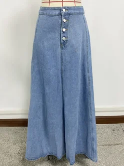 Jupe longue maxi en jean à empiècements taille haute pour femme - Jupe longue évasée bleue style bohème avec boutons - Collection printemps-été 2026