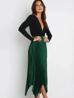 Jupe Longue Plissé Marron Irrégulière Taille Haute Polyester Bas Pour Femmes