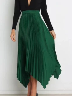 Jupe Longue Plissé Marron Irrégulière Taille Haute Polyester Bas Pour Femmes