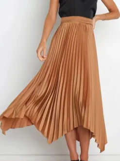 Jupe Longue Plissé Marron Irrégulière Taille Haute Polyester Bas Pour Femmes