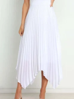 Jupe Longue Plissé Marron Irrégulière Taille Haute Polyester Bas Pour Femmes