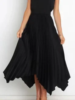 Jupe Longue Plissé Marron Irrégulière Taille Haute Polyester Bas Pour Femmes