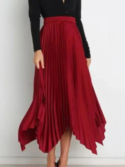 Jupe Longue Plissé Marron Irrégulière Taille Haute Polyester Bas Pour Femmes