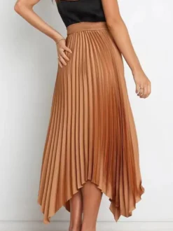 Jupe Longue Plissé Marron Irrégulière Taille Haute Polyester Bas Pour Femmes