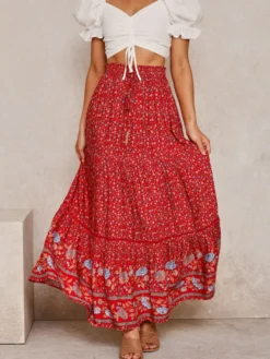 Jupe Longue Rouge Stretch Taille Naturelle Fleurie Polyester Décontracté Été Femmes