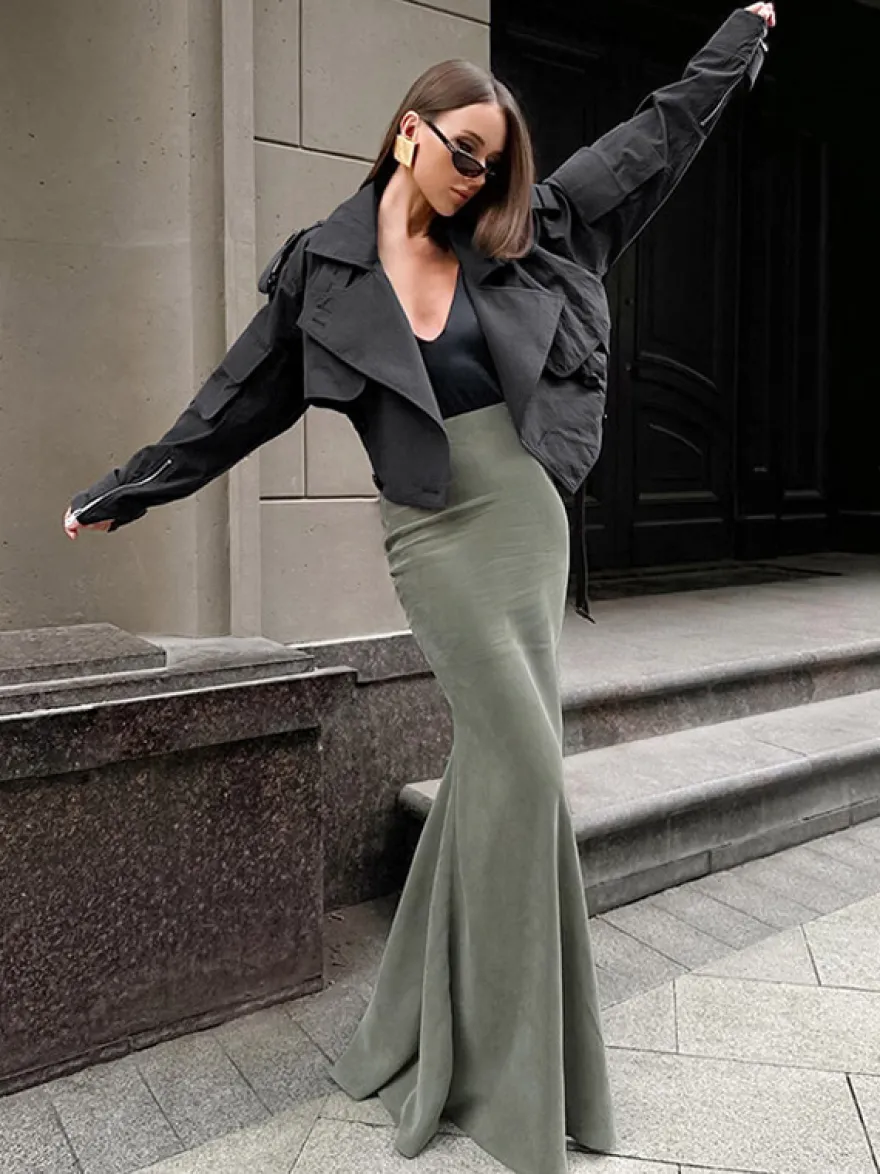 Jupe longue sirène moulante taille haute en faux daim extensible