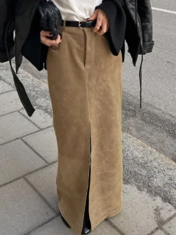 Jupe maxi vintage kaki en faux daim fente sur le devant taille haute