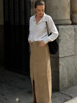 Jupe maxi vintage kaki en faux daim fente sur le devant taille haute