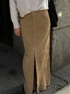 Jupe maxi vintage kaki en faux daim fente sur le devant taille haute