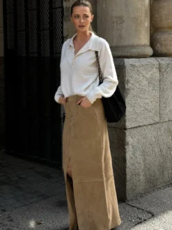 Jupe maxi vintage kaki en faux daim fente sur le devant taille haute