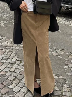 Jupe maxi vintage kaki en faux daim fente sur le devant taille haute