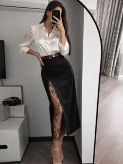 Jupe midi droite taille haute fendue sur le devant en dentelle