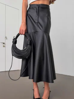 Jupe midi élégante en similicuir à taille haute et ourlet sirène pour femme 2026