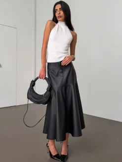 Jupe midi élégante en similicuir à taille haute et ourlet sirène pour femme 2026