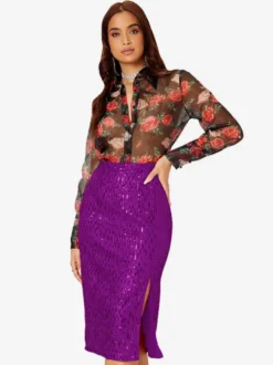 Jupe midi moulante à sequins taille haute pour femme fente avant jupe crayon de soirée