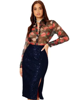 Jupe midi moulante à sequins taille haute pour femme fente avant jupe crayon de soirée