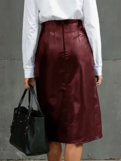 Jupe midi taille haute fendue sur le devant en similicuir jupe crayon moulante avec fermeture éclair au dos