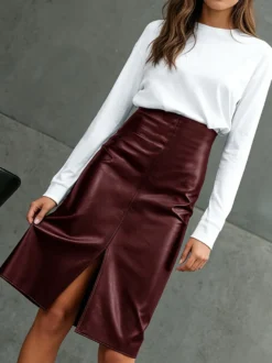 Jupe midi taille haute fendue sur le devant en similicuir jupe crayon moulante avec fermeture éclair au dos