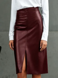 Jupe midi taille haute fendue sur le devant en similicuir jupe crayon moulante avec fermeture éclair au dos