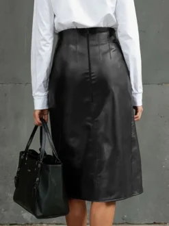 Jupe midi taille haute fendue sur le devant en similicuir jupe crayon moulante avec fermeture éclair au dos
