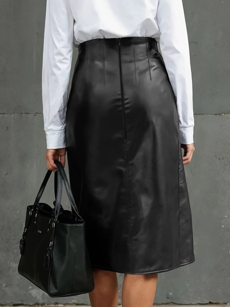 Jupe midi taille haute fendue sur le devant en similicuir jupe crayon moulante avec fermeture éclair au dos