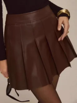 Jupe mini plissée taille haute en similicuir chocolat pour femme 2026