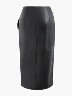 Jupe noire taille haute en similicuir sexy mi-mollet pour l'été.