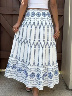 Jupes bleues taille naturelle style bohème longues jupes d'été pour femmes