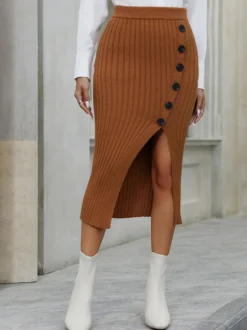 Jupes Camel Acrylique Taille Haute Chic Fendue Automne Longueur Mi-mollet Bas Femme