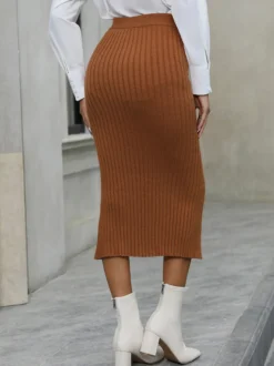 Jupes Camel Acrylique Taille Haute Chic Fendue Automne Longueur Mi-mollet Bas Femme