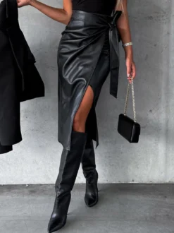 Jupes en cuir PU Noir Taille Haute Chic Fente Hiver Mi-Mollet Bas Femmes