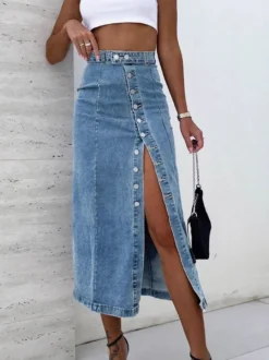 Jupes en denim bleu style décontracté automne longueur mi-mollet bas pour femmes