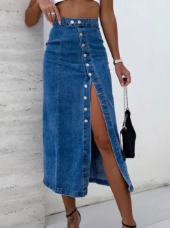 Jupes en denim bleu style décontracté automne longueur mi-mollet bas pour femmes