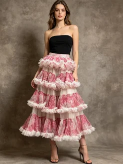 Jupes longues d'hiver à carreaux taille haute motif rose pour femmes