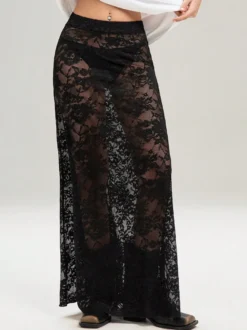 Jupes longues en dentelle noire taille haute sexy et transparentes pour femmes