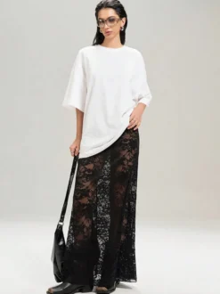 Jupes longues en dentelle noire taille haute sexy et transparentes pour femmes