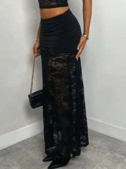 Jupes longues noires transparentes en nylon sexy pour l'automne pour femmes