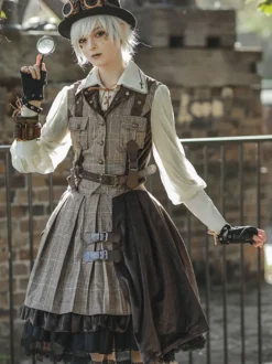Jupe Steampunk Lolita SK Infanta Coffee Brown Détails en métal Mélange de coton Velours Lolita Overskirt Outfits