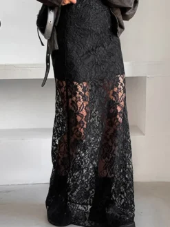 Jupe taille haute en dentelle noire transparente ajourée