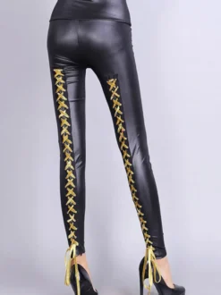 Legging Femmes Elastique Long à Cuir Synthétique Vernis Décoration avec Les Lacets à Noeuds Bicolores Sexy Legging Femmes