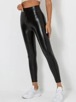 Leggings de soirée sexy rouges en lycra spandex taille haute en similicuir brillant coupe moulante pantalon skinny en similicuir PU pour femme