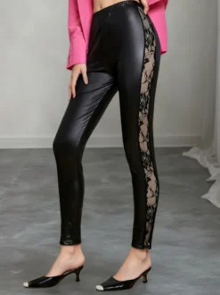 Leggings en cuir PU noir avec empiècements en dentelle sur le côté coupe slim taille haute pantalon crayon stretch pour femme pantalon décontracté