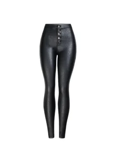 Leggings en Cuir Synthétique Longs Femmes Sexy Moulants à Zip Unicolore Noir Pantalons